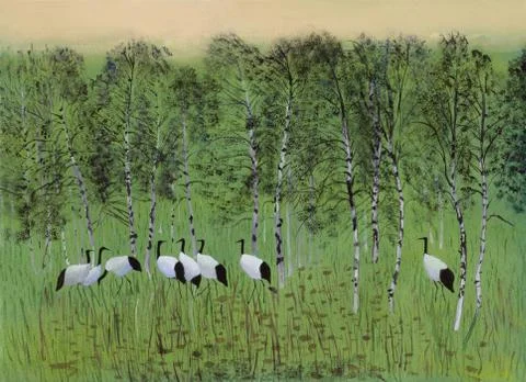 Cranes in the swamp Stock Illustration