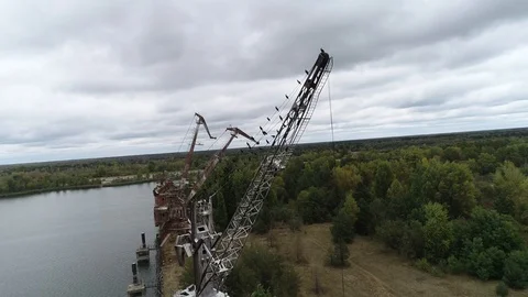 Cranes that took part in the liquidation of the accident at the Chernobyl 스톡 동영상 128389844