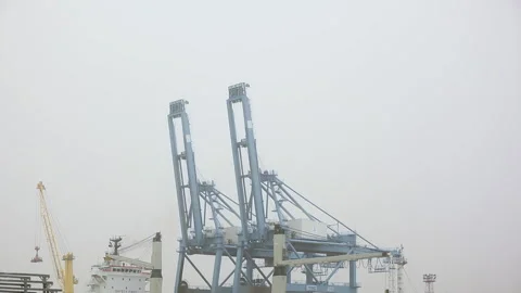 Cranes unload cargo from a large ship at the busy port during foggy weather Stock Footage 318200169