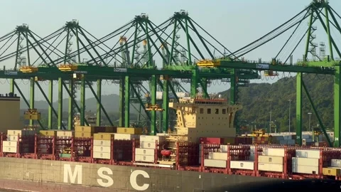 Cranes unloading a container ship in the port of Panama City Stock Footage 264766964