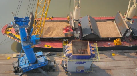 Cranes unloading Hull Port, UK, filmed by drone Stock Footage 62197858