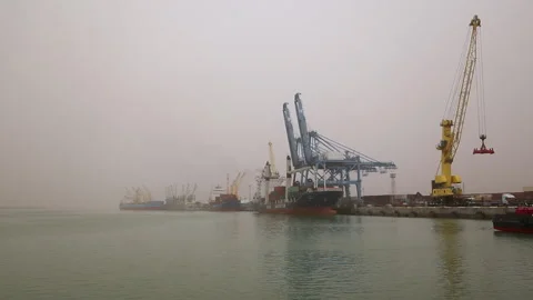 Cranes work at a busy harbor under foggy conditions during the morning Stock Footage 318199426