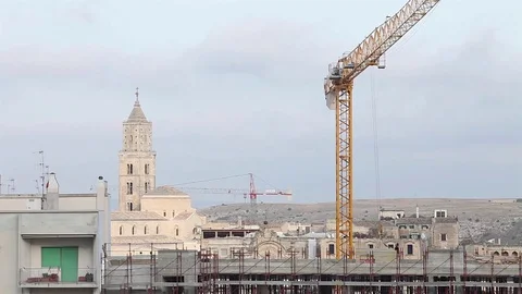 Cranes at work time lapse, Work in progress Matera 2019 Video stock 70070658