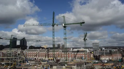 Cranes working on construction of Victoria Gate shopping complex in Leeds UK Stock Footage 48445369