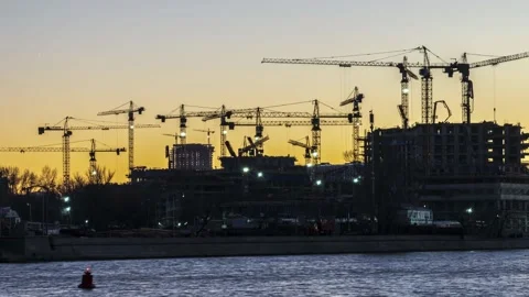 Cranes working day and night Stock Footage 178640736