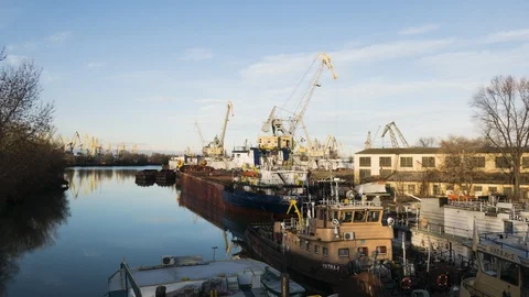 Cranes working in the dock, at the shipyard. Stock Footage 86786246