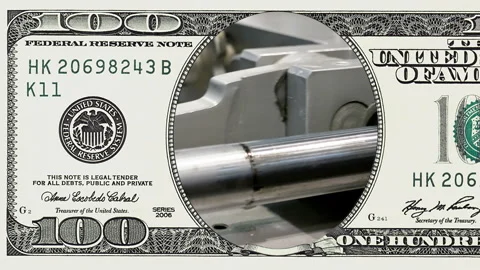 Crank drive gear in frame of 100 dollar bill Stock Footage 97472136