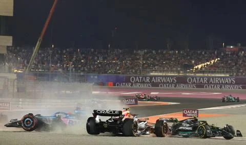  Crash between 11 Sergio Perez (MEX, Oracle Red Bull Racing), 27 Nico Hulk... Stock Photos