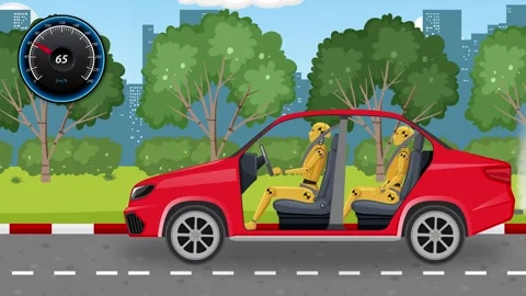 Crash test dummy animation showing car impact simulation and airbag deploym.. Stock Footage 332596342