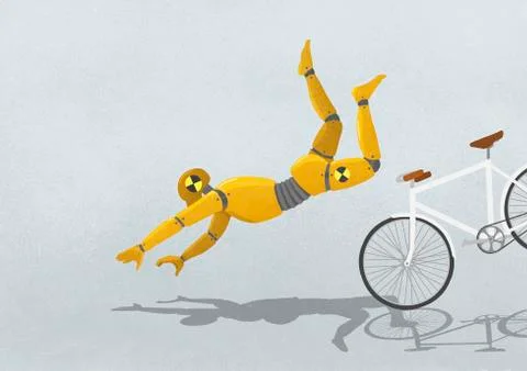 Crash test dummy flying over bicycle Stockillustratie