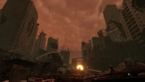 Crashed Airplane in Destroyed Apocalyptic City Sunset Stock Footage 337813797