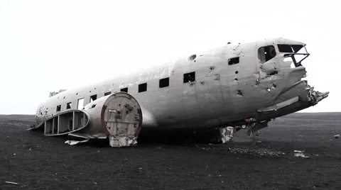 Crashed airplane in lava field, dolly camera Stock-Footage 57330565