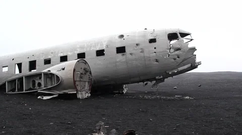 Crashed airplane in lava field, panoramic Stock Footage 57332952