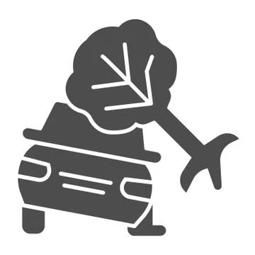 Crashed automobile after storm solid icon. Auto damaged by fallen tree symbol Stock Illustration