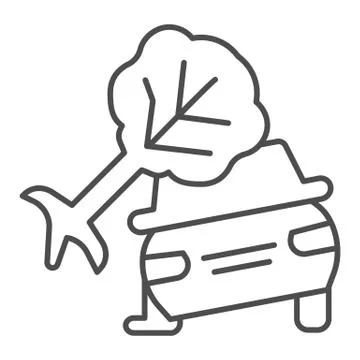 Crashed automobile after storm thin line icon. Auto damaged by fallen tree Stock Illustration
