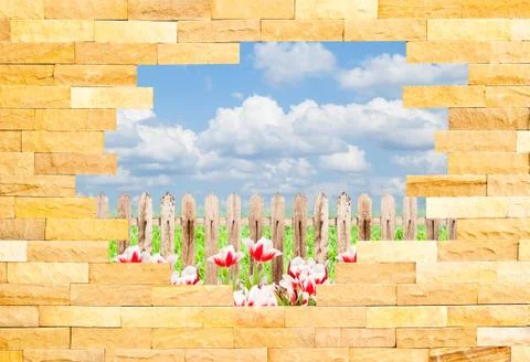 Crashed brick wall with beautiful landscape behi Stock Illustration