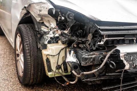 Crashed Car with Damaged Front Bumper Stock Photos