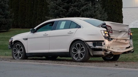 Crashed Car with Emergency Lights on side of road, fresh accident, rear ended Video stock 125352787