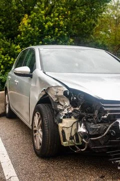 Crashed Car with Severe Front Damage Stock Photos