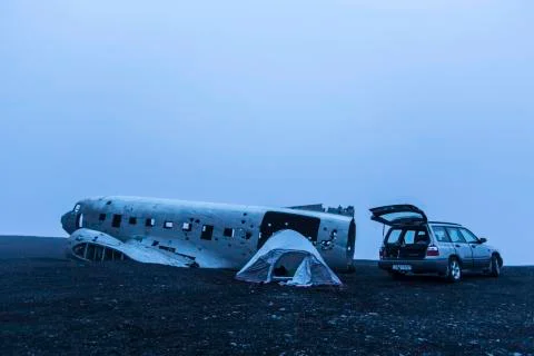 Crashed Plane and tent camp Stock Photos