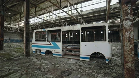 Crashed public transport standing inside... | Stock Video | Pond5