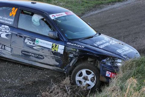 Crashed rally car Fotos de archivo