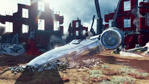 A crashed spaceship in a post-apocalyptic ruined city. The concept of Apocalypse Stock Illustration