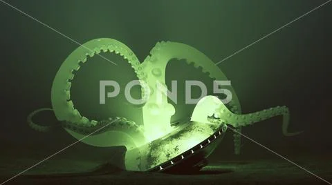 Crashed UFO with Green Semi Transparent Alien Tentacles Emerging with Green Glow Stock Photos