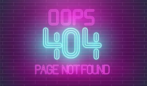 Crashed website retro neon. Page not found neon letters on brick wall. 404 error Stock-Illustration