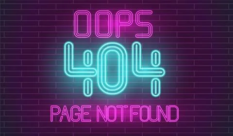 Crashed website retro neon. Page not found neon letters on brick wall. 404 error Illustrazione stock