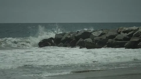 Crashing beach waves slow motion on rocks Stock Footage 42439726