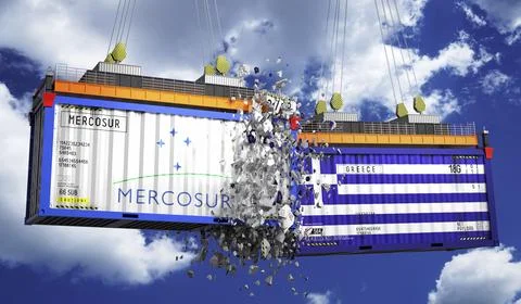 Crashing cargo containers with flags of Mercosur and Greece Stock Illustration