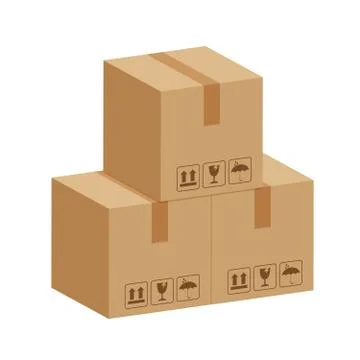 Crate boxes 3d, three cardboard box brown, flat style cardboard parcel boxes, Stock Illustration