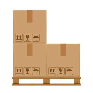 Crate boxes three on wooded pallet, wood pallet with cardboard box in factory Illustrazione stock