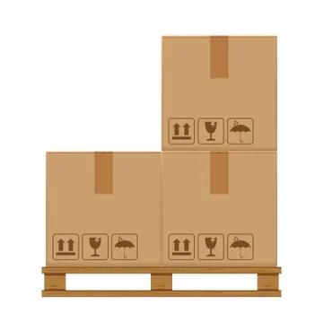 Crate boxes three on wooded pallet, wood pallet with cardboard box in factory Illustrazione stock