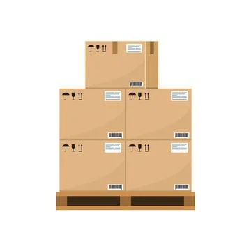 Crate boxes on wooden pallet. Stack of cardboard box for warehouse storage. Flat Stockillustratie