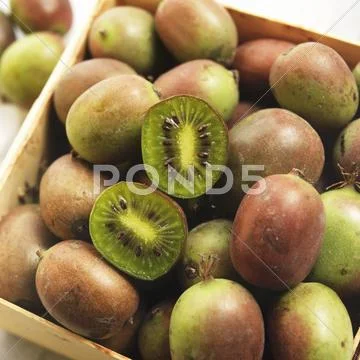 Crate of Fresh Kiwi Berries with One Halved Stock Photos