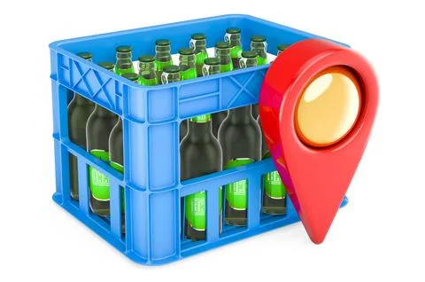 Crate full beer bottles with map pointer. 3D rendering Illustrazione stock