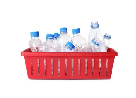 Crate with plastic bottles on white background. Trash recycling Stock Photos