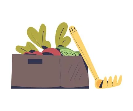 Crate with Ripe Vegetables and Rake as Seasonal Harvesting and Yield Vector Illustrazione stock