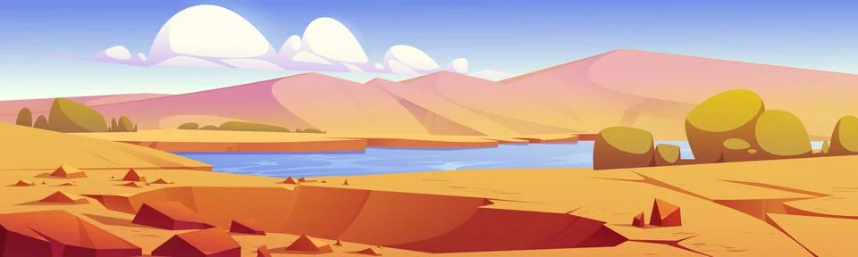 Crater in desert oasis with river, sand and plants Stock Illustration