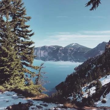 Crater Lake With Single Pine Tree And Blue Sky And Water Stock Photos
