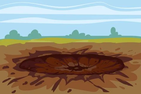 Crater is a trace from the explosion on the ground of a shell, mine, meteor Stock Illustration