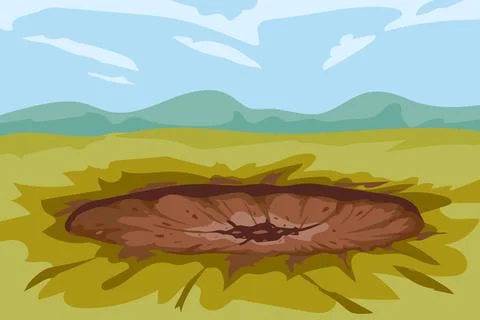 Crater is a trace from the explosion on the ground of a shell, mine, meteor Stock Illustration