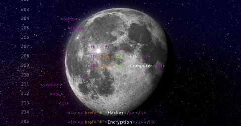 Cratered moon floating in deep blue outer space, with multi-colored HTML code Stock Illustration
