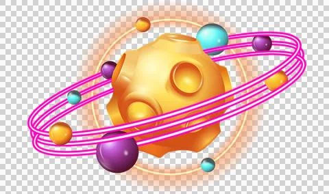 Cratered yellow sphere floating in 3D design with magenta rings and spheres, Stock Illustration