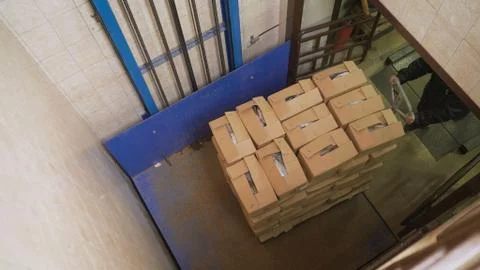 Crates of fish rise on the elevator. Boxes rise on the elevator. Fish factory Stock Photos