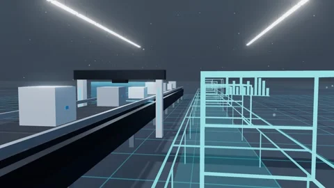 Crates Running A Fast Scanner As Their Wireframe Twins Run Ahead Down The Stock Footage 344640164