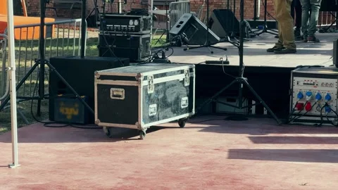 Crates of stage equipment while assembling a mobile stage. Stock Footage 297770056