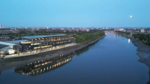 Craven cottage by night, Fulham stadium , Fulham Pier, 28th July 2026, London Stock Footage 340587341